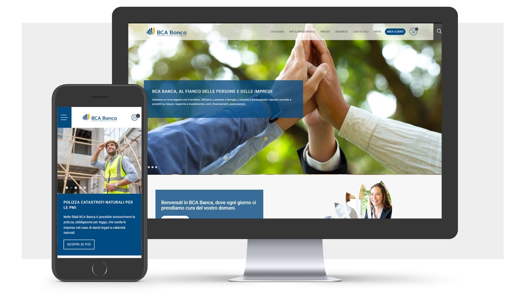 Homepage del sito BCA Banca sviluppato da Neikos, con design istituzionale, navigazione chiara e struttura orientata all’esperienza utente