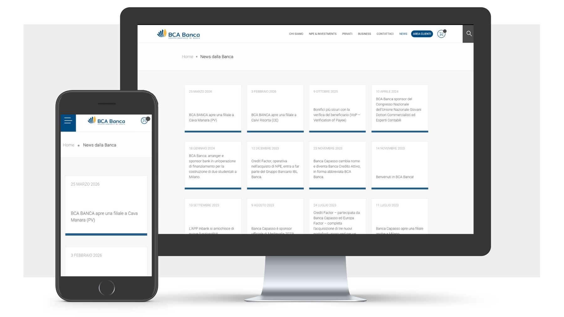 Versione mobile del sito BCA Banca ottimizzata per smartphone, con interfaccia responsive e navigazione semplice e intuitiva