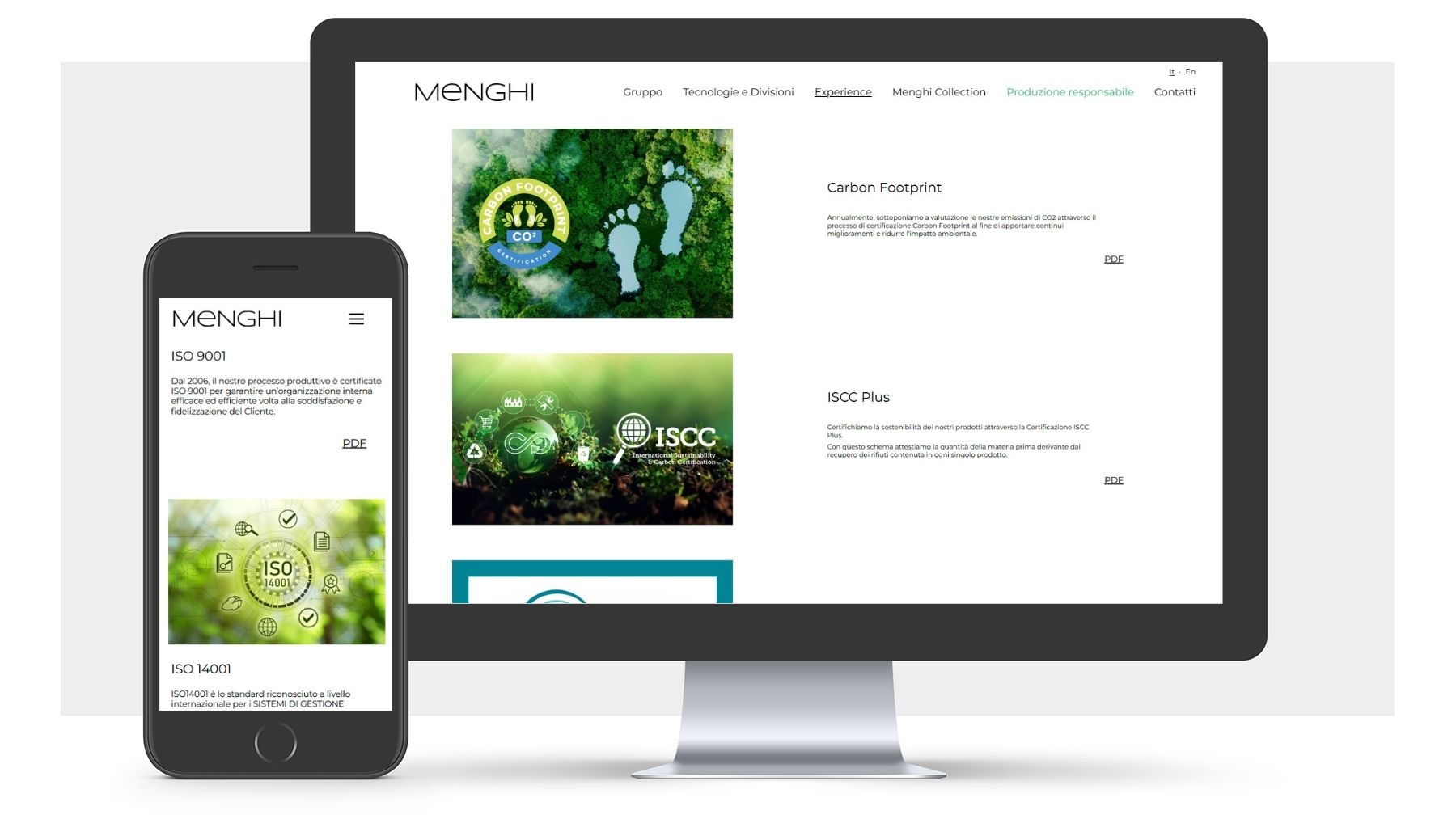 Sezione sostenibilità e produzione responsabile del sito Menghi Shoes con certificazioni ambientali