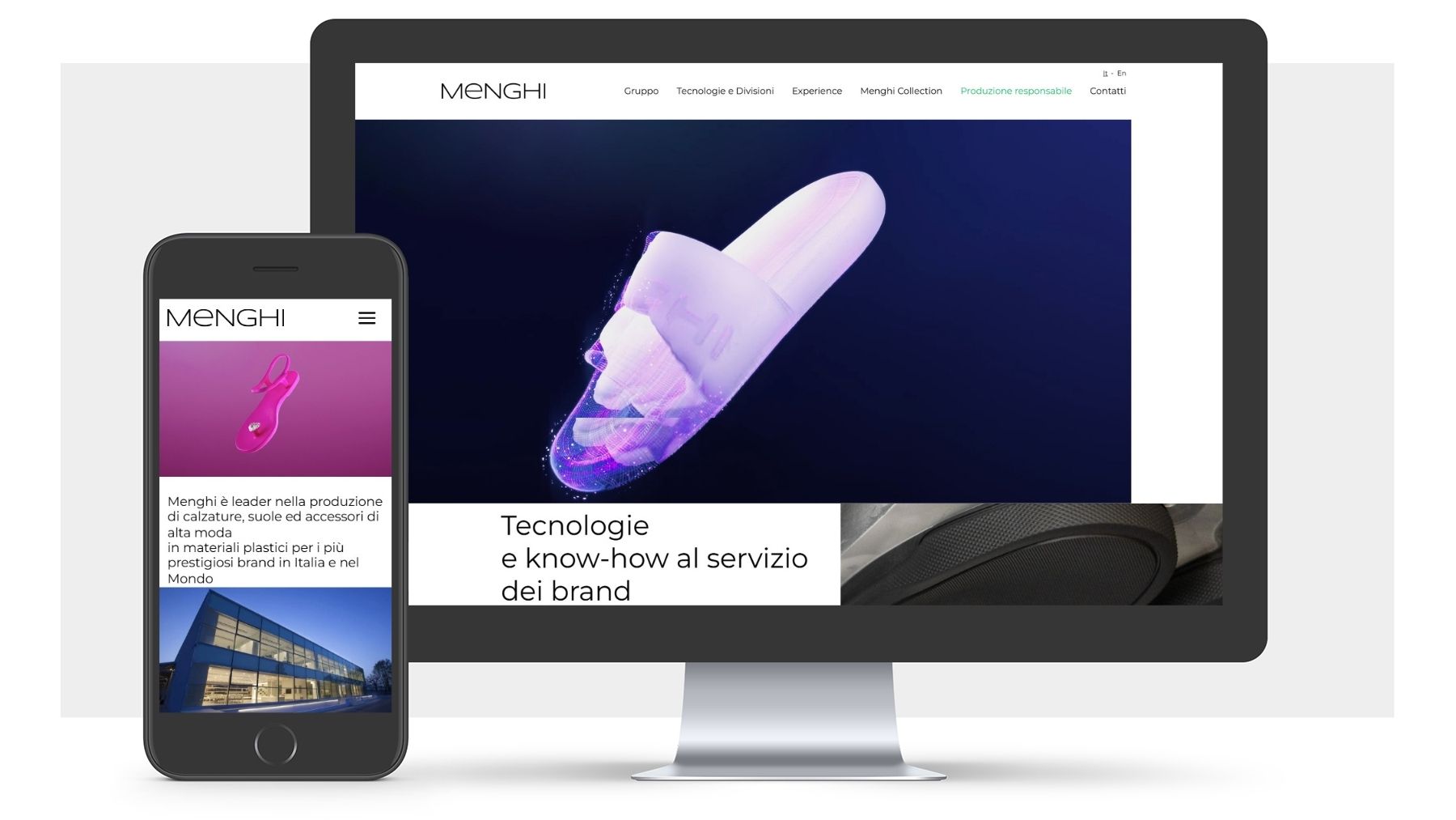 Homepage del sito Menghi Shoes con focus su produzione calzature fashion di alta moda